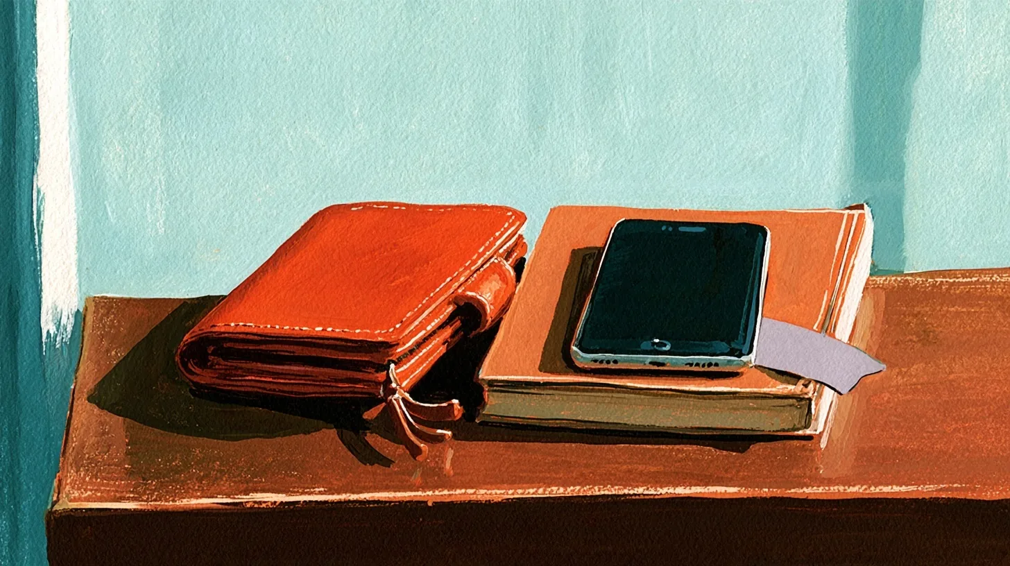 Ahşap masada turuncu cüzdan, kapalı kitap, sade ayraç ve ekranı karanlık telefon.