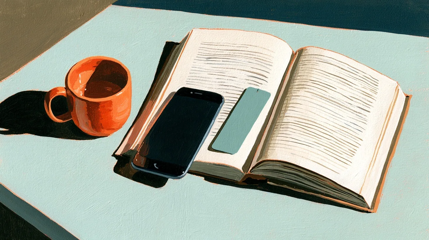Mint renkli masada açık kitap, sade yeşil ayraç, siyah telefon ve turuncu fincan.
