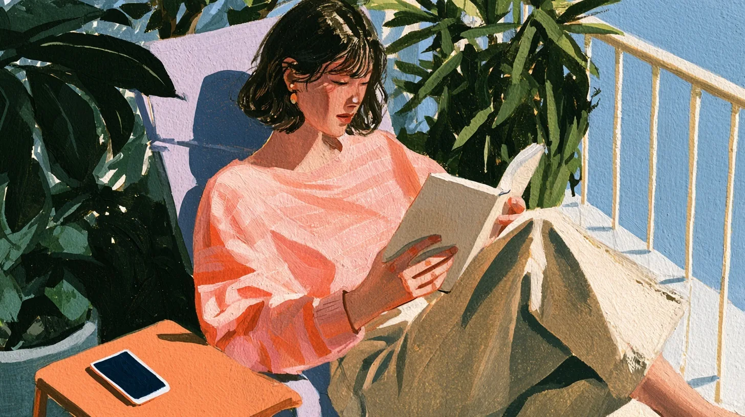 Yeşil bitkilerle çevrili balkonda kitap okuyan kişi ve turuncu yan masada telefon.