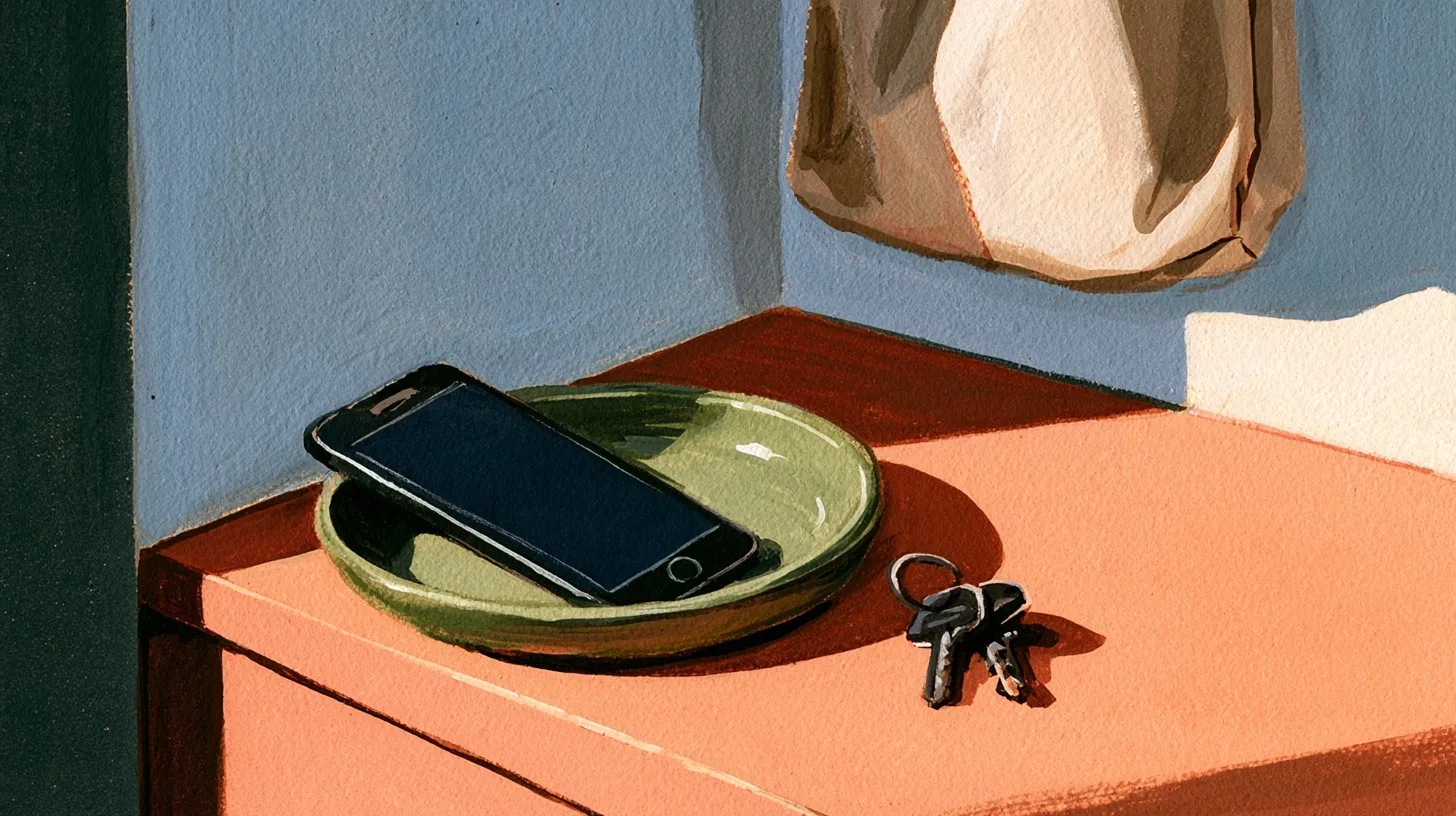 Turuncu giriş rafında yeşil seramik tabak içindeki telefon, anahtarlar ve bez çanta.