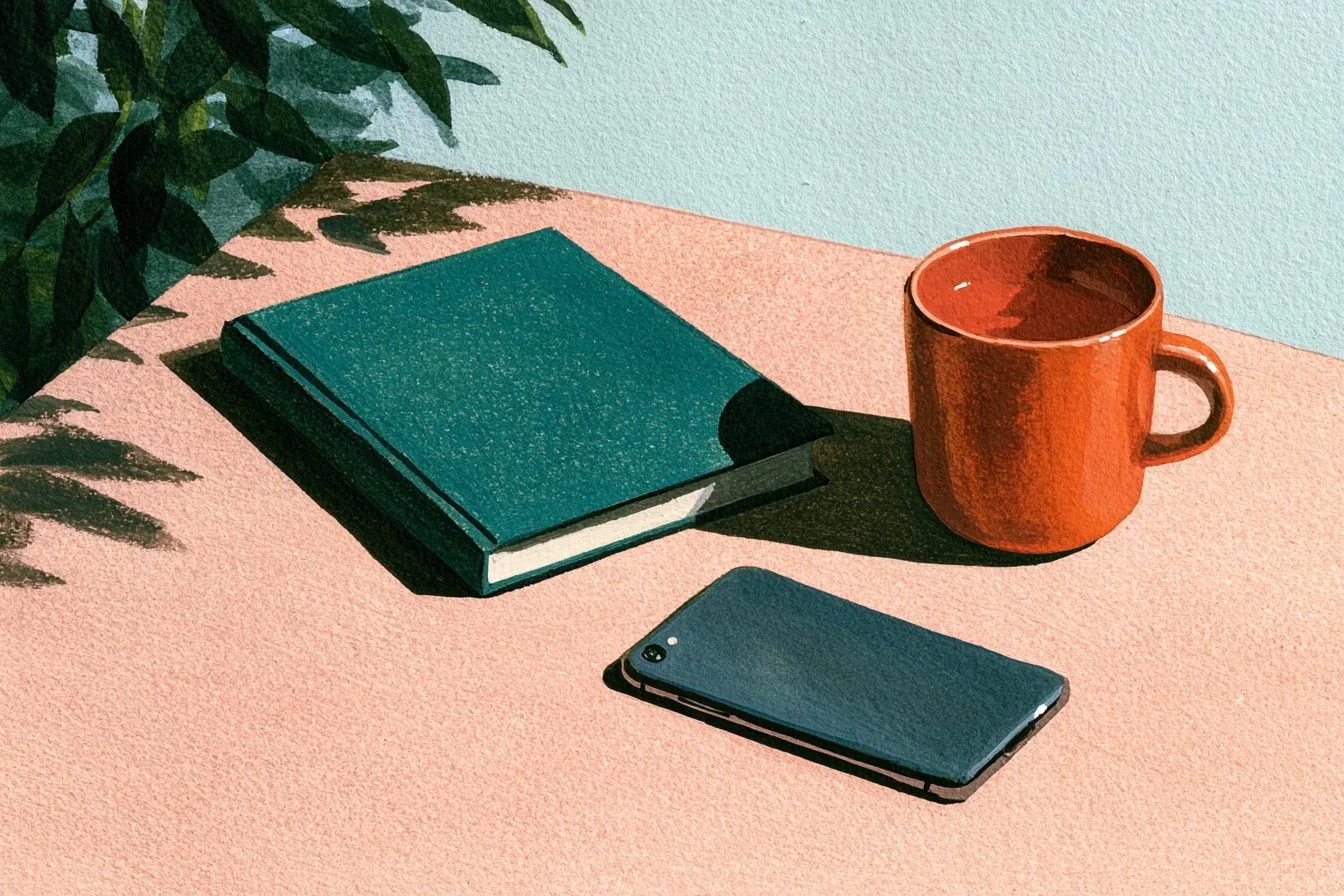 Pembe masada koyu yeşil bir kitap, arkası yukarı dönük bir telefon ve turuncu bir fincan.