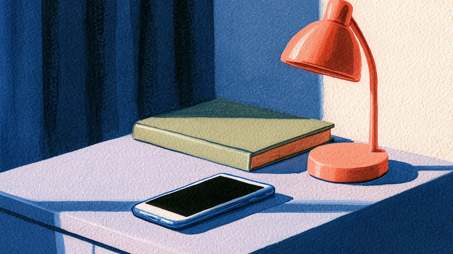Leylak renkli masada ekranı karanlık telefon, yeşil kitap ve mercan okuma lambası.