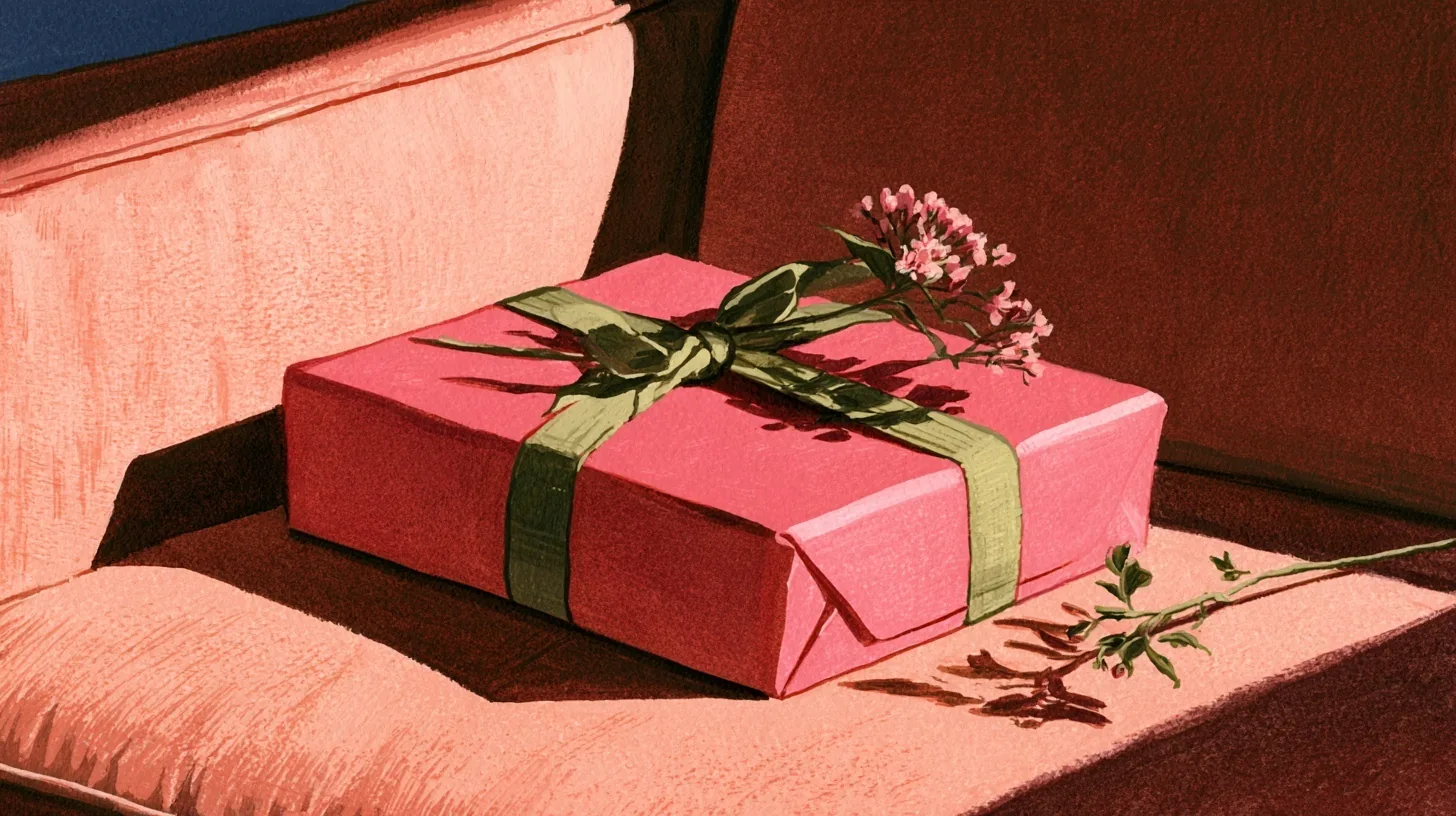Pembe koltuk üzerinde yeşil kurdeleyle bağlanmış pembe kitap hediyesi ve çiçek dalları.
