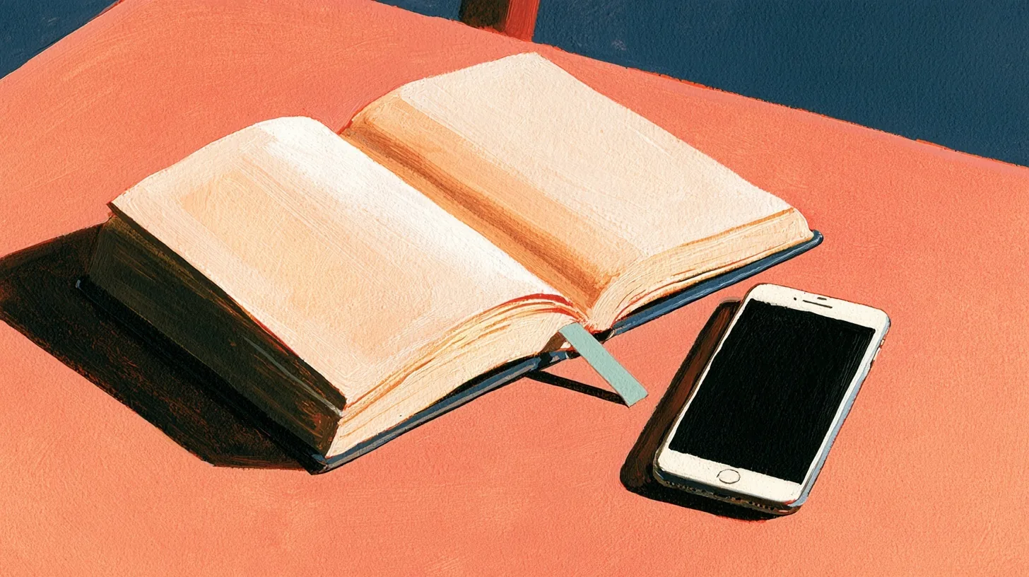 Somon renkli masada açık kitaptan uzanan sade yeşil ayraç ve ekranı karanlık telefon.