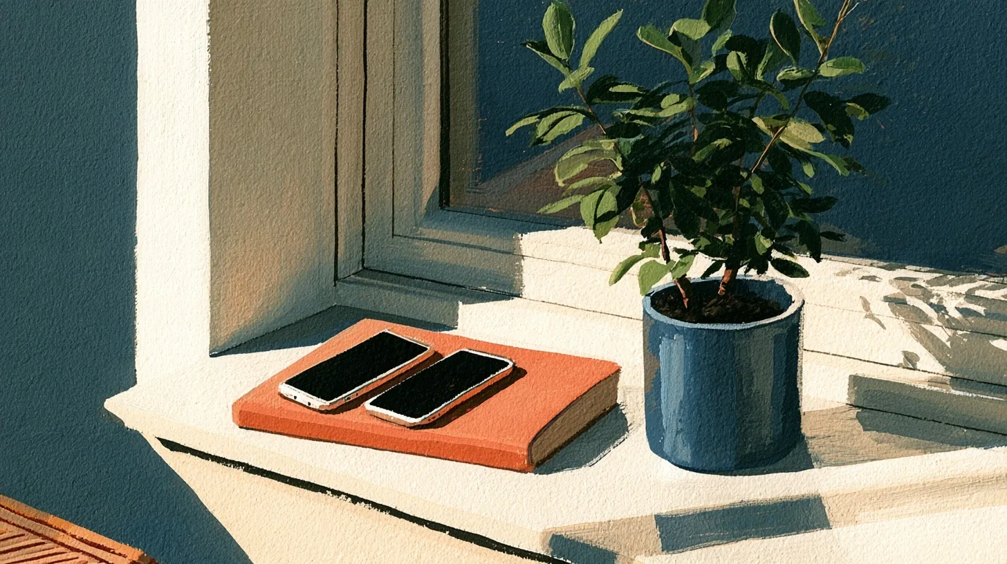 Pencere önünde kapalı kitabın üzerinde ekranları karanlık iki telefon ve mavi saksıda yeşil bir bitki.