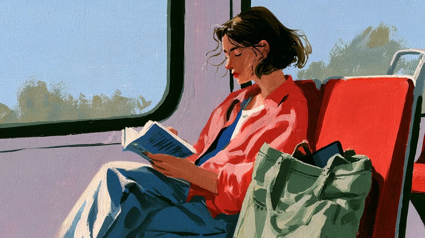 Otobüste kırmızı koltukta kitap okuyan kişi ve yanındaki yeşil bez çanta.