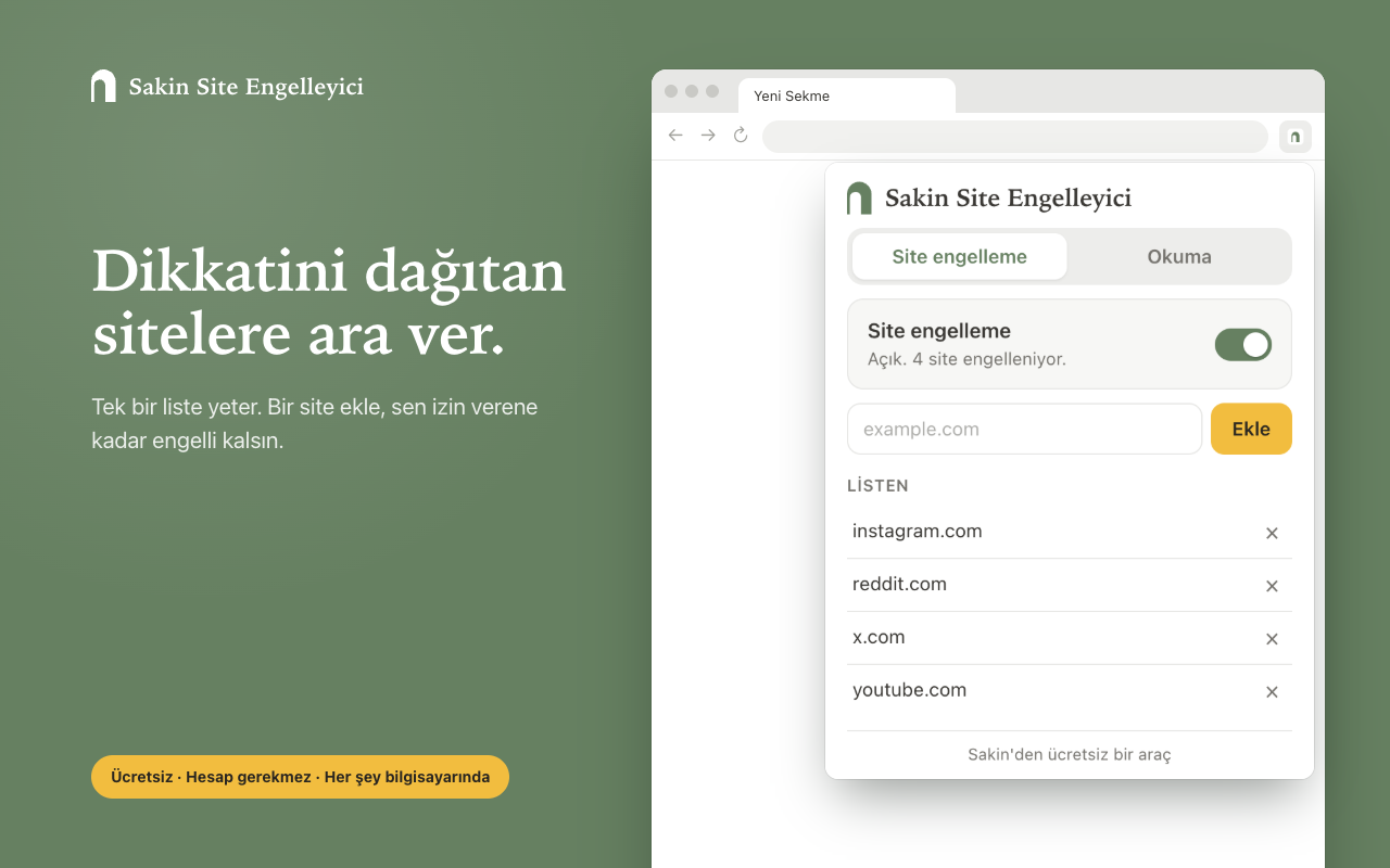Sakin Chrome uzantısında site engelleme anahtarı ve seçilen sitelerin listesi