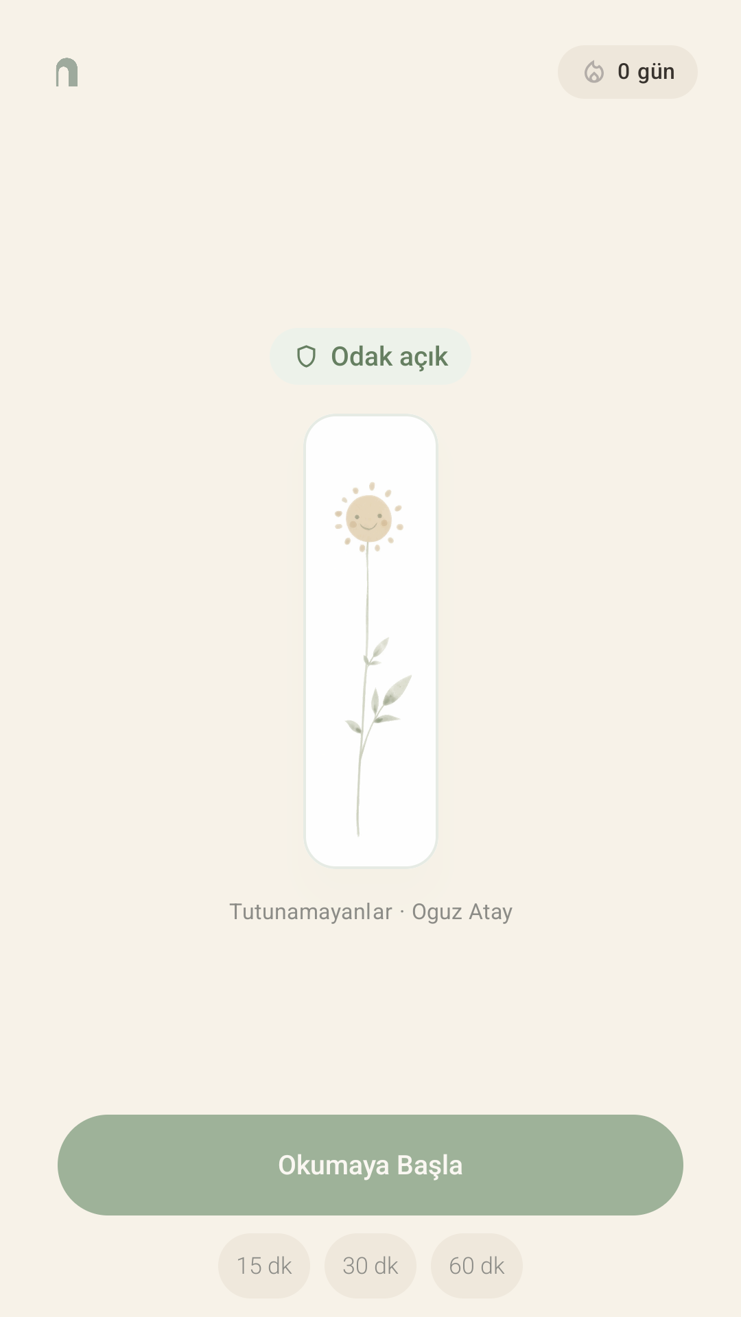 sakin Android uygulamasında odak seansı başlatma ekranı
