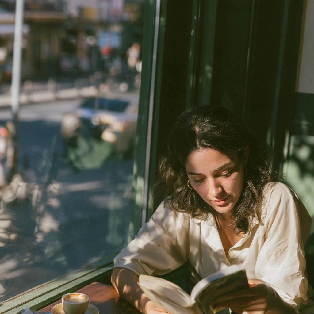 Kafenin pencere kenarında kahvesinin yanında kitap okuyan bir kadın